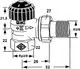 Thermostatventilunterteil in Eckform mit mehreren Anschlussgrößen. Geschaffen von IMI Hydronic Engineering für Heizungsanlagen. Technische Skizze mit Maßen im Detail.